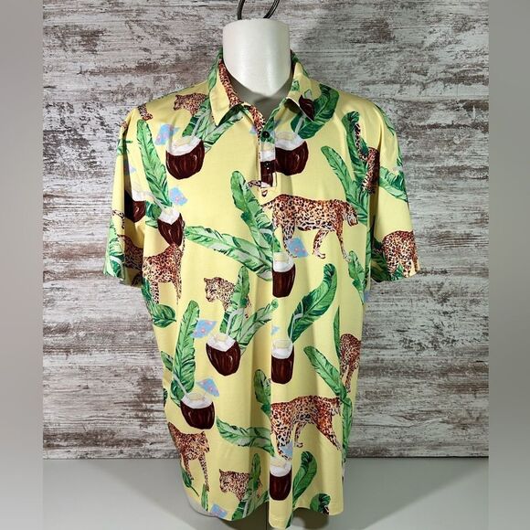 Men’s Kenny Flowers button down shirt yellow leopards coconuts fronds size 3XL